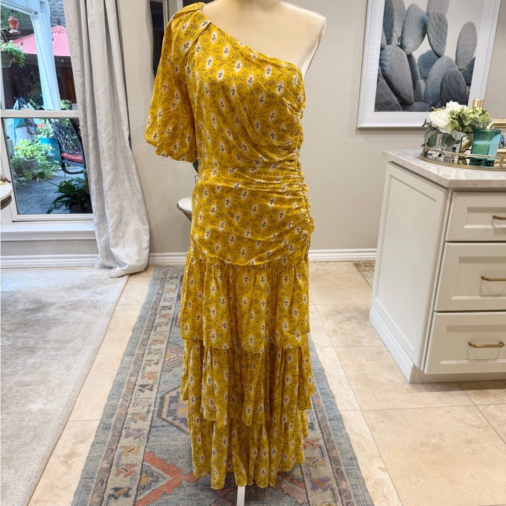 NWT Veronica Beard Gold Floral One-Shoulder Dress 6